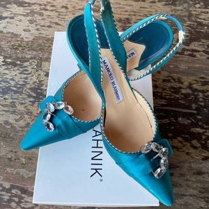 Manolo Blahnik Carolyne Teal Satin Slingback Heels